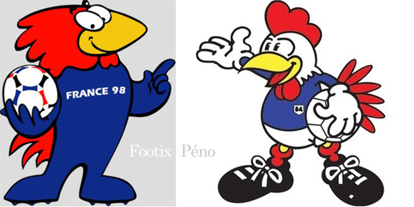 Les mascottes de la Coupe du Monde 1998 organisée en France, Footix, et de l'Euro 84, Péno.